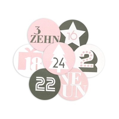 Adventskalenderzahlen in liebevoll gestalteten Designs 24 Aufkleber, für 1 Kalender, rosa-grau, Durchmesser 4 cm