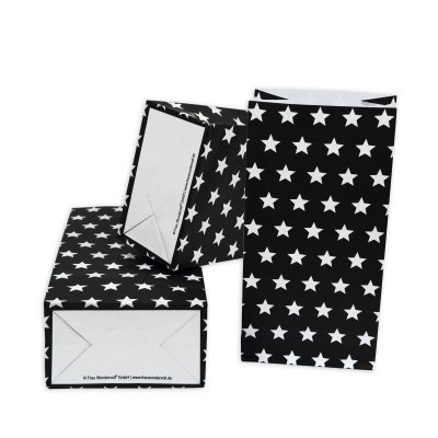 12 Papiertüten mit Boden - schwarz matt mit weißen Sternen, 100g Papier