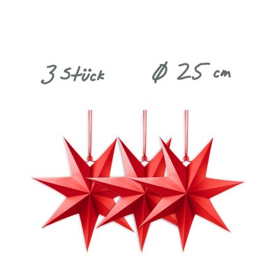 3 Faltsterne - matt rot, Ø 25 cm, 7 Zacken