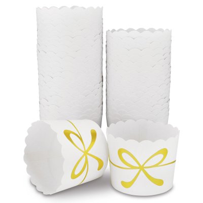 25 Muffin Backformen, weiß mit gold Schleife, Durchmesser 6,1 cm / Muffinbackform, Muffinform, Backformen, Backförmchen, Cupcake Formen, Muffin Förmchen Papier