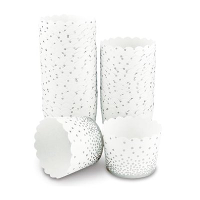 25 Muffin Backformen weiß silber (metallic) Punkte Konfetti, Durchmesser 5 cm / Muffins Muffinbackform Muffinform Form Backförmchen Cupcake Formen Förmchen Papier Cupcakeformen