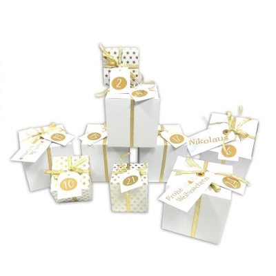 DIY XL Adventskalender Vorfreude zum Befüllen,Faltschachteln 12x 10x10x10cm + 12x 7x7x7cm (gefaltet), Ziffern metallic/foliert gold / Weihnachten Box Würfelbox Schachtel Kasten