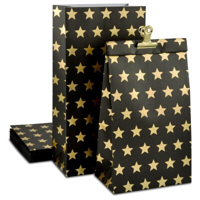 12 Papiertüten mit Boden - matt schwarz, gold Sterne, 100g Papier