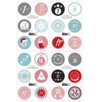 Adventskalenderzahlen in liebevoll gestalteten Designs 48 Aufkleber, für 2 Kalender, bunt, Durchmesser 4 cm