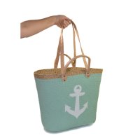 Frau WUNDERVoll® TASCHE TÜRKIS, ANKER, Tragegriffe und Schultergurt in heller Lederoptik / Ibizakorb, Markttasche, Strandtasche, Beach Bag, Badetasche, Shopper, Umhängetasche, Korbtasche, Strohtasche