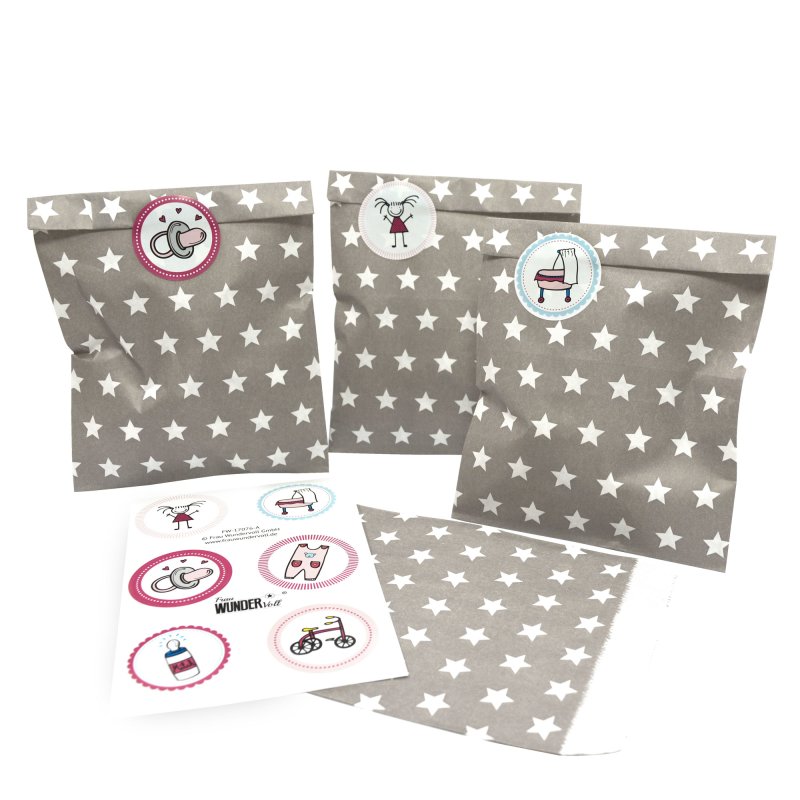 Frau WunderVoll® Baby Shower Set – 24 Papiertüten 13x16,5 Cm + 24 Aufkleber 4 Cm, Für Mädchen-Party