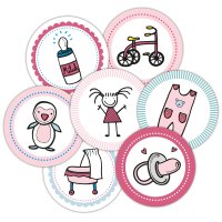 48 AUFKLEBER BABY SHOWER MÄDCHEN, Durchmesser 4 cm / Sticker, Kindergeburtstag, Aufkleber Kinder, Junge, Mädchen