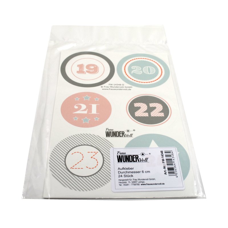Frau WunderVoll Adventskalenderzahlen Aufkleber – 24 Stück, Pastell, Ø 6 Cm, Für DIY-Kalender & Geschenke