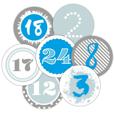 Adventskalenderzahlen in liebevoll gestalteten Designs 24 Aufkleber, für 1 Kalender, blau, Durchmesser 4 cm