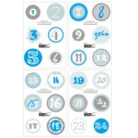 Adventskalenderzahlen in liebevoll gestalteten Designs 24 Aufkleber, für 1 Kalender, blau, Durchmesser 4 cm