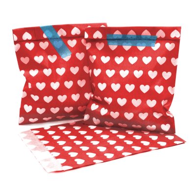 100 PAPIERTÜTEN ROT, Herzen 13 x 16,5 cm, 45 Gramm Papier, flach / Candy Bar, Hochzeit, Kindergeburtstag, Papiertütchen, Candybag, Tüten, Mitgebseltüten