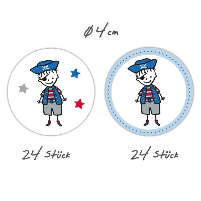 48 AUFKLEBER PIRAT, BLAU, Durchmesser 4 cm / Kindergeburtstag, Aufkleber Kinder, Junge, Mädchen, Sticker