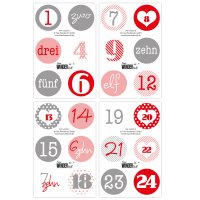 24 Adventskalenderzahlen AUFKLEBER ROSA-ROT, Durchmesser 4 cm / Sticker, Weihnachten, Adventskalender, DIY Kalender