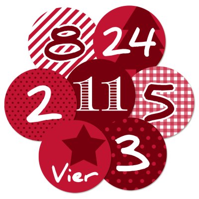 24 Adventskalenderzahlen Aufkleber rot, Durchmesser 4 cm / Sticker, Weihnachten, Adventskalender, DIY Kalender