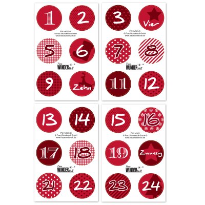 24 Adventskalenderzahlen Aufkleber rot, Durchmesser 4 cm / Sticker, Weihnachten, Adventskalender, DIY Kalender