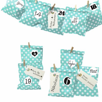 DIY Adventskalender Bescherung zum befüllen, Papiertueten flach 13x16,5cm, tuerkis Punkt
