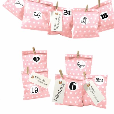 DIY Adventskalender Bescherung zum befüllen, Papiertueten flach 13x16,5cm, rosa Stern
