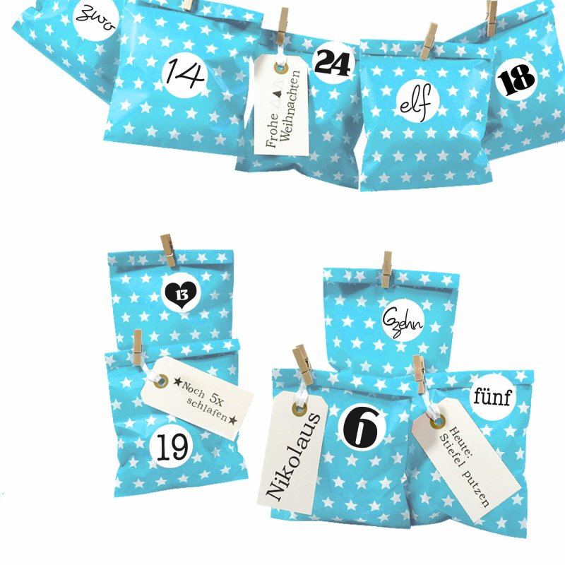 Frau WUNDERVoll DIY Adventskalender Zum Selbstbefüllen – 24 Türkis-mint Papiertüten 13x16,5 Cm Mit Sternen, Inkl. Aufkleber, Holzklammern & Schleifenband