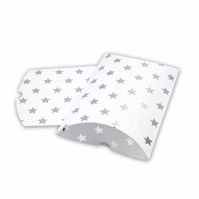 6 KISSENSCHACHTELN weiß, silber Sterne Metallic 24x14cm (flach), 250 Gramm Papier/Kissenverpackungen, Pillow box, Faltverpackung,Geschenkverpackung,Gastgeschenk,Adventskalender