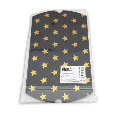 6 KISSENSCHACHTELN schwarz, Sterne gold Metallic 24x14cm (flach), 250 Gramm Papier/Kissenverpackungen, Pillow box, Faltverpackung,Geschenkverpackung,Gastgeschenk,Adventskalender