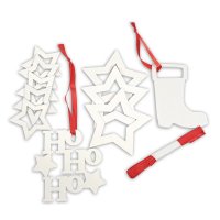 10 teiliges Anhänger Set Holz weiß + Schleifenband rot / Weihnachtsanhänger/ Weihnachtskalender/ Adventskalender Anhänger