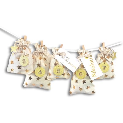 DIY Adventskalender zum Befüllen Schneeflöckchen Baumwollbeutel creme,goldene Stern,Ziffern gold/Weihnachtskalender,Beutel,Sack,Säckchen,Stoffbeutel,Baumwolle,Geschenkbeutel,Bastelset