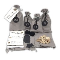 DIY Adventskalender zum Befüllen Schneeflöckchen Stoffbeutel grau, Ziffern schwarz