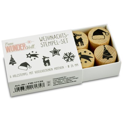 Stempel - 6 Weihnachtsmotive- aus Holz, Schrift-/ Motivgröße: Ø je Stempel ca 2,5 cm (Schneeflocke, Nikolausmütze, Stern, Sterschnuppe, Tannenbaum, Hirsch)