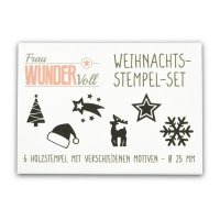 Stempel - 6 Weihnachtsmotive- aus Holz, Schrift-/ Motivgröße: Ø je Stempel ca 2,5 cm (Schneeflocke, Nikolausmütze, Stern, Sterschnuppe, Tannenbaum, Hirsch)