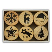 Stempel - 6 Weihnachtsmotive- aus Holz, Schrift-/ Motivgröße: Ø je Stempel ca 2,5 cm (Schneeflocke, Nikolausmütze, Stern, Sterschnuppe, Tannenbaum, Hirsch)