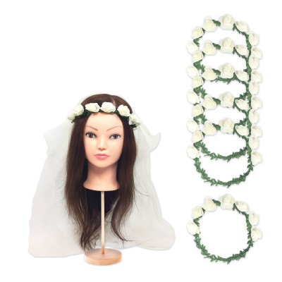 JGA Blumenkranz mit Schleier für die Braut und Blumekränze für 6 Freundinnen/Haarschmuck junggesellenabschied, Mädchen, Braut, Hochzeit
