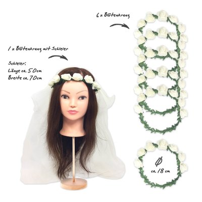 JGA Blumenkranz mit Schleier für die Braut und Blumekränze für 6 Freundinnen/Haarschmuck junggesellenabschied, Mädchen, Braut, Hochzeit