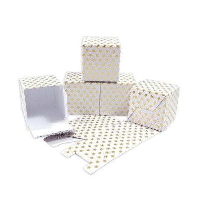 12 Faltschachteln weiß, gold Sterne 7x7x7 cm (gefaltet), 300 Gramm Papier / Würfelbox, Kissenverpackungen, Pillow box, Faltverpackung, Geschenkverpackung, Gastgeschenk, Hochzeit