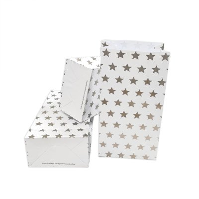 60 Papiertüten mit Boden, weiß, silber Sterne,12x7x24cm (Vorteilsmenge) / Blockbodenbeutel, Tüte, Papierbeutel,Geschenktüte