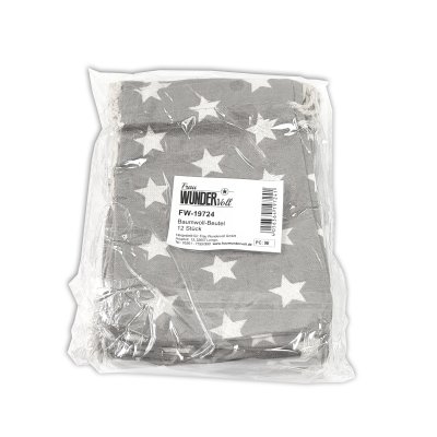 12 Baumwollsäckchen grau Sterne weiß